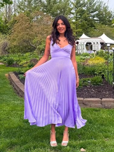 BANTRATIC Pleated Bridesmaid Dresses for Women Spaghetti Straps Satin V Neck Empire Waist Formal Wedding Guest Evening Gown3