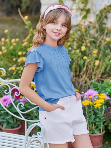 Image of Haloumoning Girls Pleated Ruffle Short Sleeve Shirts Kids Summer Crewneck T-Shirts Fashion Tops Tees 5-14 Years