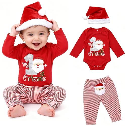 DaceStar Disfraz Navidad Bebe Ropa Navidad Bebe Traje Bebé la Primera Navideña Pijama Navidad Bebé Body + Pantalón + Gorro Disfraz Recien Nacido Navideña 0-3 Meses