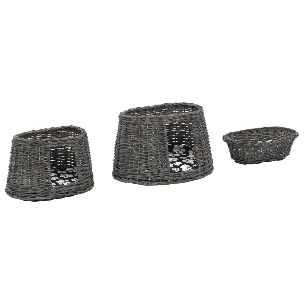 Juego de 3 cestas para gatos con cojín gris 47 x 34 x 60 cm mimbre natural, cesta para gatos, rascador, árbol trepador de sisal, muebles rascadores, cueva, nido interior para adultos, gatos y