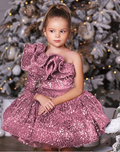 Short Mini Girl Pageant Dresses with Sequins Long Sleeve One Shoulder Flower Girl Gowns2