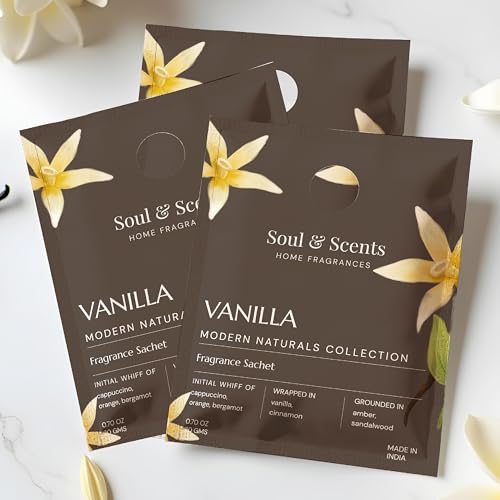 Image of Soul & Scents Vanilla Fragrance Sachet | A Blend of Cappuccino & Warm Vanilla | Long-Lasting Air Freshener for Car, Wardrobe, Kitchen, and Travel Bag | Pack of 3-20gm Each