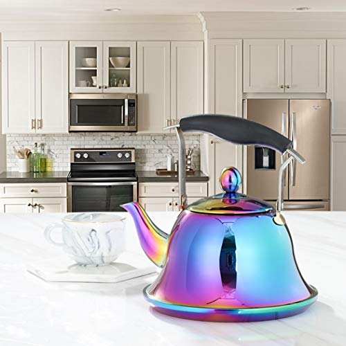 Whistling Tea Kettle with Infuser Stainless Steel Teapot Rainbow Teakettle for Stovetop Induction Stove Top Fast Boiling Heat Water Cute Tea Pot Colorful 2-Liter 2.1-Quart