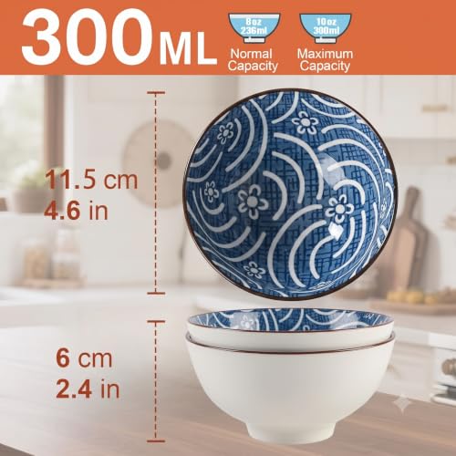 Image of Premium Ceramic Bowl Japanese Style Porcelain Rice, Soup & Dessert Bowls - Assorted Floral & Wave Patterns - Microwave & Dishwasher Safe - Gift Box Packaging (Blue & White Printed, Pack of 2)