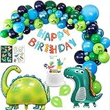 Decoración de cumpleaños de dinosaurio para niños - Globo de papel de dinosaurio de cuello largo de 32 pulgadas x1; Globo de lámina de dinosaurio de 32 pulgadas x1; Globos de látex verde oscuro x 52 (verde claro + verde oscuro + azul marino + azul claro); globos azul metalizado x13; 5 globos con estampado de dinosaurios; feliz cumpleaños bannerx1; pastel de dinosauriox1; Dos pegatinas de tatuaje de dinosaurio fluorescentes; 1x cinta blanca de 32 pies.