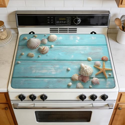 Image of Multi-Design Silicone Stove Cover for Glass /Electric Stoves - 3-in-1 Heat-Resistant Protector Mat, Non-Slip Drying Rack (Summer Wooden Starfish Seashells, 28 inch L x 20 inch W)