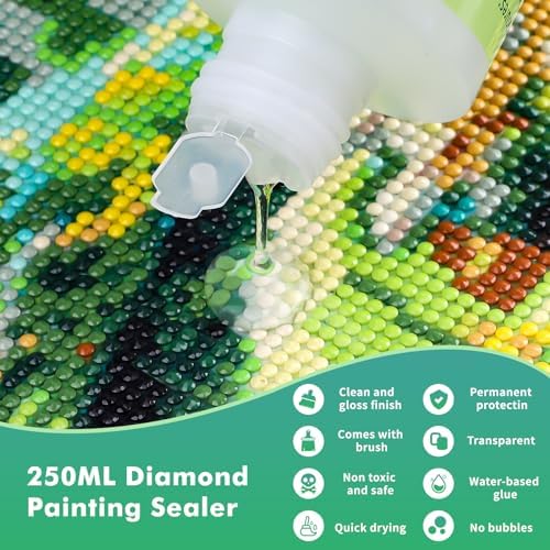GHHKUD Diamond Painting Sealer 250ML, DIY Diamond Art Sealer with Brush, 5D Diamond Painting Kits Diamond Art Accessories, Permanent Hold & Shine Effect Conserver for Diamond Painting