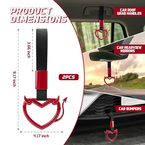 Image of 2 Pcs Devil Heart Shaped Car Handle Strap - JD M Drift Charm Rear Bumper Warning Ring Decor for Car Interior Exterior, Subway Bus Handle Accessory, Cute Heart Car Decor Gift (Red-Tail)