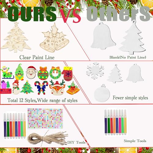 Aodmti 60 pcs DIY Christmas Wooden Ornaments Unfinished Wood Slices to Paint, Wooden Christmas Ornaments Crafts with 12 Styles,DIY Snowflake,Santa Claus,Moose Christmas Tree Ornaments kit by Aodmti - Image 3