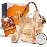 ALPENHAUCH Wiadro do sauny z chochlą [100% naturalne drewno] – eleganckie wiadro do sauny z klepsydrą i termometrem – trwałe akcesoria do sauny – zestaw wiader do nalewania z chochlą, klepsydrą i