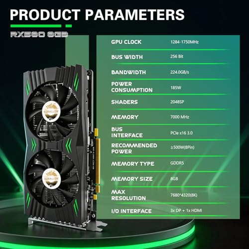 Image of SURALLOW RX 580 Graphics Card 8GB 2048SP, GDDR5, 256 Bit, Pc Gaming Video Card, 3*DP, HDMI, PCI Express 3.0 with Freeze Fan Stop for Desktop Computer GPU for Gaming PC