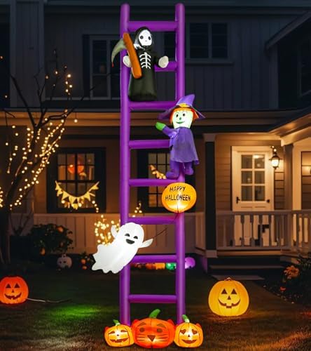 12 Ft Halloween Inflatable Decoration, Halloween Purple Ladders Built-in LED Lights, Outdoor Blow Up Yard Fun Decor, for 2025 All Hallows' Day Lawn Decor