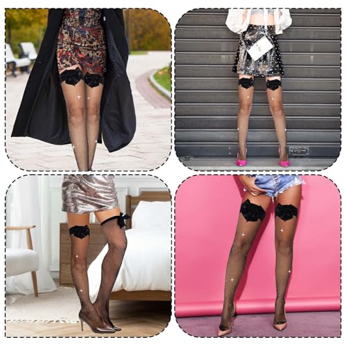 Image of Abeillo 2 Pairs Fishnet Stockings for Women Mesh Thigh High Stockings Fishnet Hold up Stockings Suspenders with Bow Pantyhose for Women(Black)