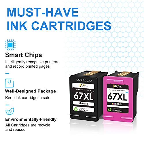 FACMS Regenerowany zamiennik wkładu atramentowego do HP 67 67XL do drukarki Envy 6052 6058 6075 DeskJet 2732 2755 DeskJet Plus 4152 4155 4158 (1 czarny 1 trójkolorowy)