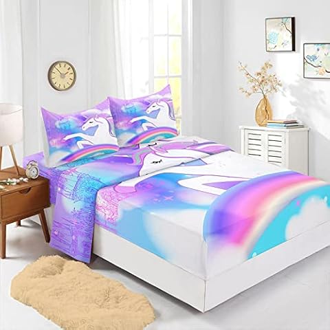 CVHouse Regenbogen-Einhorn-Bettwäsche-Set, Doppelbettgröße, Regenbogen-Einhorn-Bettwäsche-Sets für Mädchen Cover