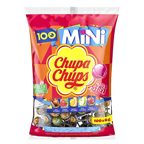 Chupa Chups Mini Classic Lutscher-Beutel, enthält 100 Mini-Lollis in den 5 Geschmacksrichtungen Cola, Orange, Erdbeere, Apfel & Kirsche, 100 x 6g