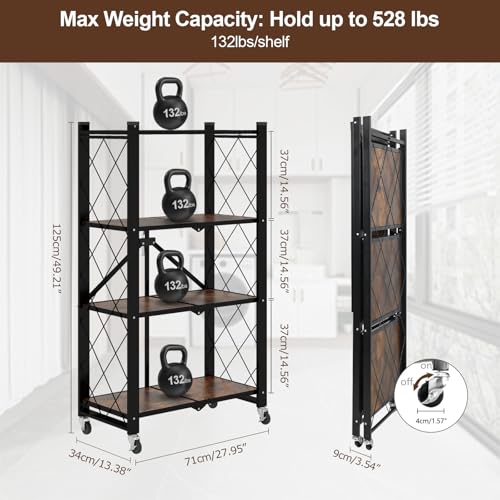 Image of 4 Tier Folding Shelf with Wheels, Wood and Metal Bookshelf