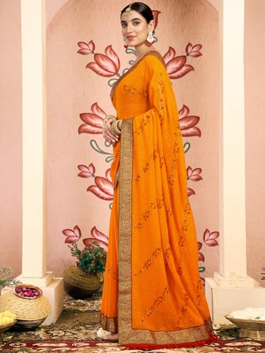 Image of Satrani Women's Georgette Embroidery & Stone Work Saree with Unstitched Blouse Piece