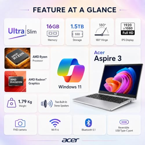 Image of Acer Aspire 3, 15.6 inch Touchscreen Laptop, 16GB RAM, 1.5TB Storage, Ryzen 5 | 1TB SSD and 512GB External, FHD (1920 x 1080) Display, 2026 Edition, Wi-Fi 6, Windows 11, Office 365 for Web, no Mouse