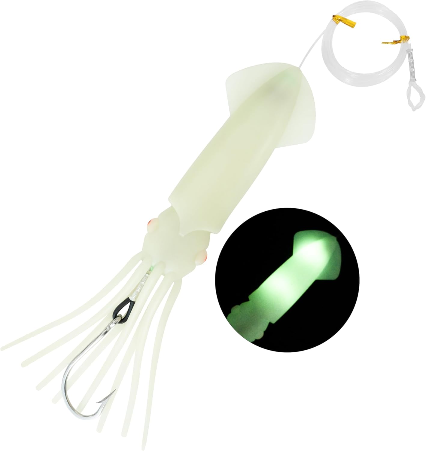 BLUEWING Upgraded Lighted Glow Squid Lure 9/12in Fishing Water Activate LED Dual-End Flashing Lights with SS Trolling Hook and 300lb Mono Line Deep Drop Up to 150h