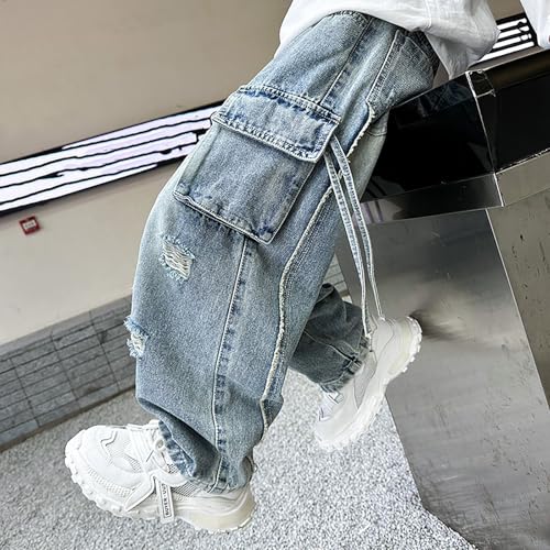 Boys Baggy Jeans for Teens Kids Y2k Wide Leg Loose Cargo Jeans Elastic Waist Denim Pants Trousers Streetwear 4-14Y4