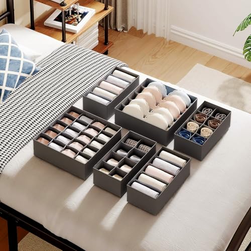 Yucch 8er Set Unterwäsche Organizer – faltbare Stoffboxen für Schubladen mit 5/6/8/20 Fächern, platzsparendes Ordnungssystem für BHs, Socken und Krawatten – Grau