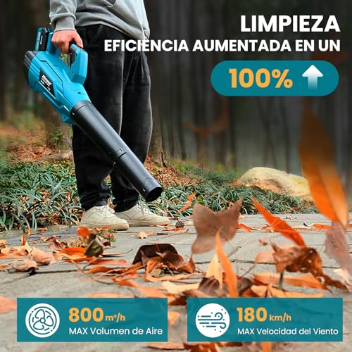 Miniatura 2 de Soplador De Hojas, 5 Velocidades Sopladora De Hojas Con Bateria Con Motor Brushless, 2 Baterías De 5.2ah 18v, 35.000 Rpm, Velocidad Aire 180 Km H, Vaudal Aire 800 M H, 2 Boquillas Intercambiables