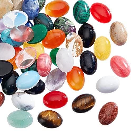 SUPERFINDINGS 48pcs Oval Gemstones Cabochons 23 Styles 14x10mm Flatback Natural Synthetic Dome Cabs Energy Stones Cab Covers No Hole Quartz Crystal Cabochons for Jewelry Making