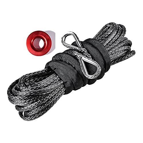 Anzios 1/4 in 50ft UHMWPE Black Synthetic Winch Rope Extension Cable Line with Thimble and Red Recovery Ring Universal Fit Off-Road Vehicle SUV ATV UTV Snow plow