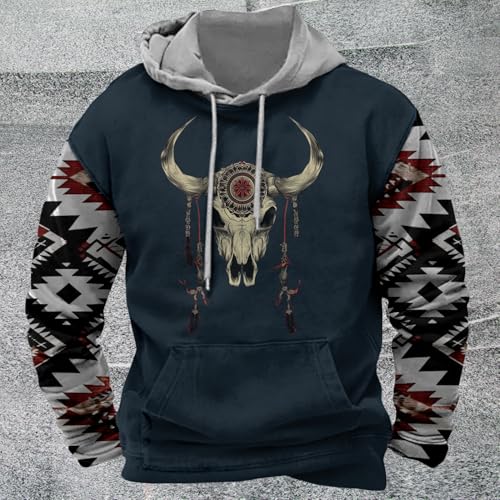 Mens Aztec Cowboy Hoodies Western Vintage Print Graphic Hooded Sweatshirt Ethnic Long Sleeve Drawstring Pullover Tops2