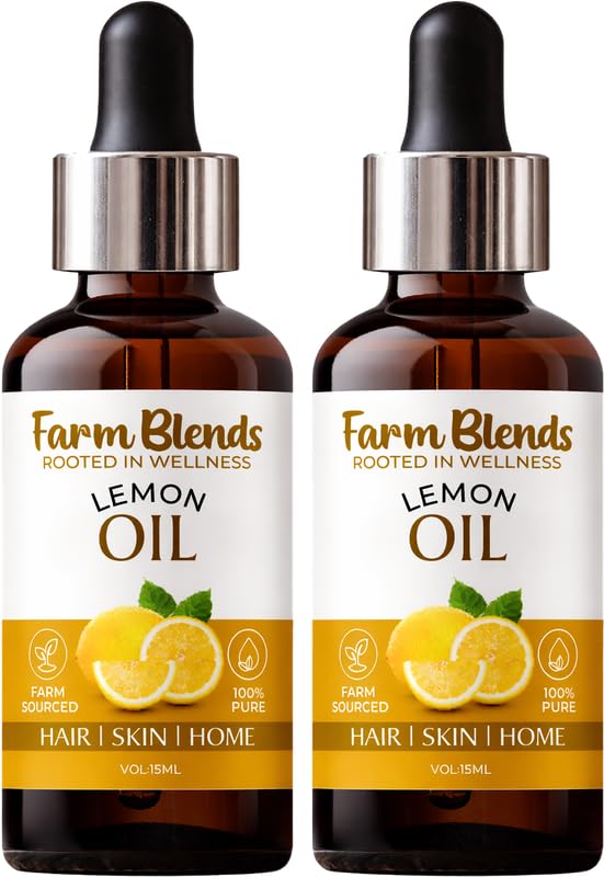 Image of Farm Blends Lemon Essential Oil (15ml+15ml) Set |100% Pure, Steam Distilled| for Collagen Boost, Acne, Hair Care, Stress Relief | Diffuser & Aroma Therapy| Natural, Therapeutic Grade| Nimbu Ka Tel