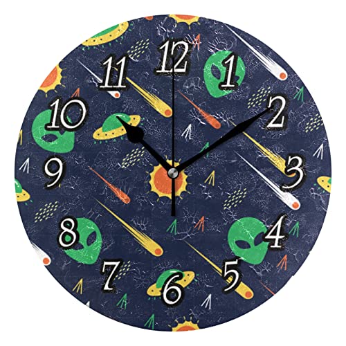  Orologio da parete verde alieno, UFO, cometa, stella, sole, guerre al buio, silenzioso e facile da leggere, rotondo, con lancette nere, per casa, ufficio, scuola, 24,1 cm di diametro