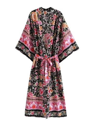 Kimono bohème à col en V et manches chauve-souris imprimé floral