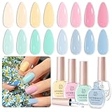 AZUREBEAUTY Nail Polish Set, 4 Colors Pastel Spring Macarons Pink Blue Green Yellow Quick Dry Natural Easter Gift Fingernail Lacquer Strengthening Kit with Top Coat DIY Salon at Home