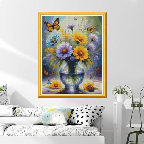 Image of MYBISYMQQ Stamped Cross Stitch Kits for Adults Beginners - Sunflower & Butterfly Flower Vase 11CT Pre-Printed Embroidery Kit, DIY Needlepoint Patterns for Home Wall Art Decor, 15.7x11.8 Inches