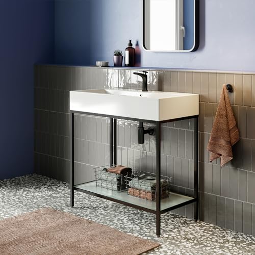 Image of Swiss Madison Pierre 32 inch Open Shelf Black Frame Freestanding Bathroom Vanity with Sink Top