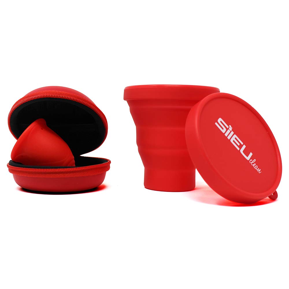 Pack Sileu Travel: Copa Menstrual Rose - Modelo de Iniciación - Talla L, Rojo, Flexibilidad Standard + Estuche de Flor + Esterilizador Plegable