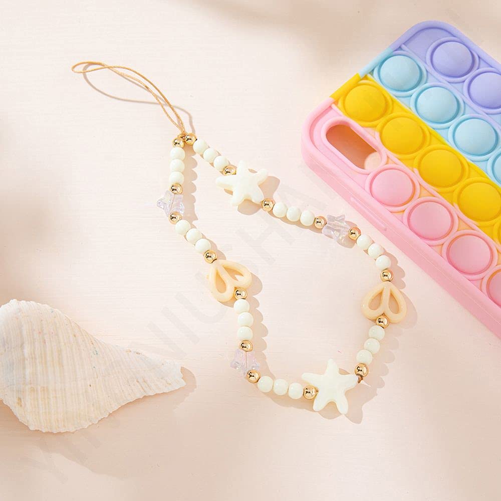 XINDUI Beaded Phone Charms Mobile Phone Pendant Anti-Lost Lanyard Wrist Strap Colorful Beads Mobile Phone Chain Accessory for Women Girls(star-white)
