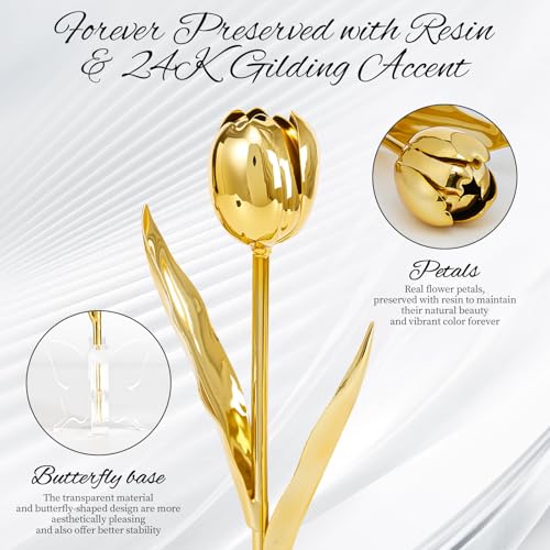 Mikasol 24K Gold Dipped Tulip – Royal Pure Gold, Luxury Book-Style Gift Box & Butterfly Stand, Eternal Flower Gift for Her, Wife, Mom, Christmas, Anniversary - Image 3