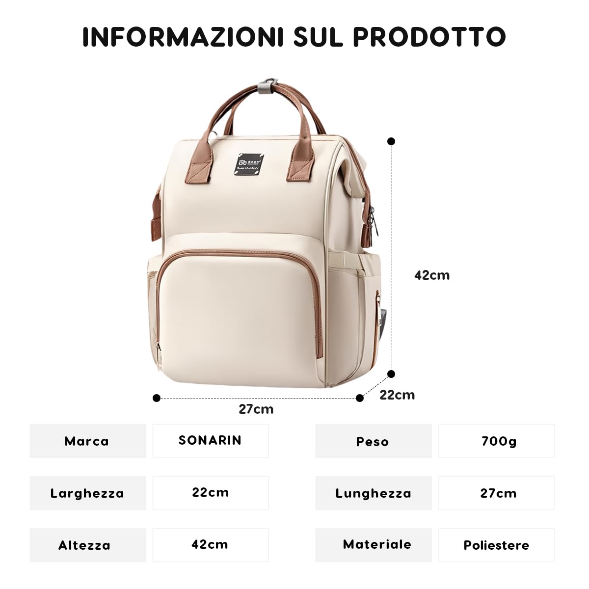 SONARIN Spazioso Leggero Zaino Fasciatoio,Multifunzionale Impermeabile Borsa per Pannolini Zaino Mamma Neonato Borsa Fasciatoio da Viaggio con Tasche Termiche & Ganci per Passeggino(Albicocca)