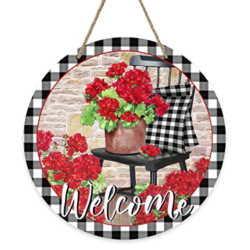 Deroro Welcome Spring Geranium Flower Sign for Front Door Decor Floral Buffalo Plaid Chair Wood Door Hanger for Outdoor Outside Porch Summer Farmhouse Wooden Wreath Indoor Wall Hanging Decoration