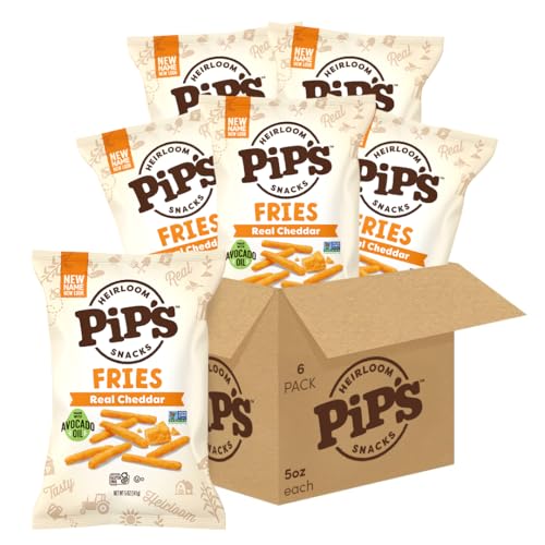 Pip’s Heirloom Baked Cheddar Fries – 5 oz Bags (6 pk) –Baked Not Fried, Better For You Snacks Made With Upcycled Heirloom Corn Flour, Real Cheddar & Avocado Oil – Non-GMO Project Verified, Gluten Free Certified