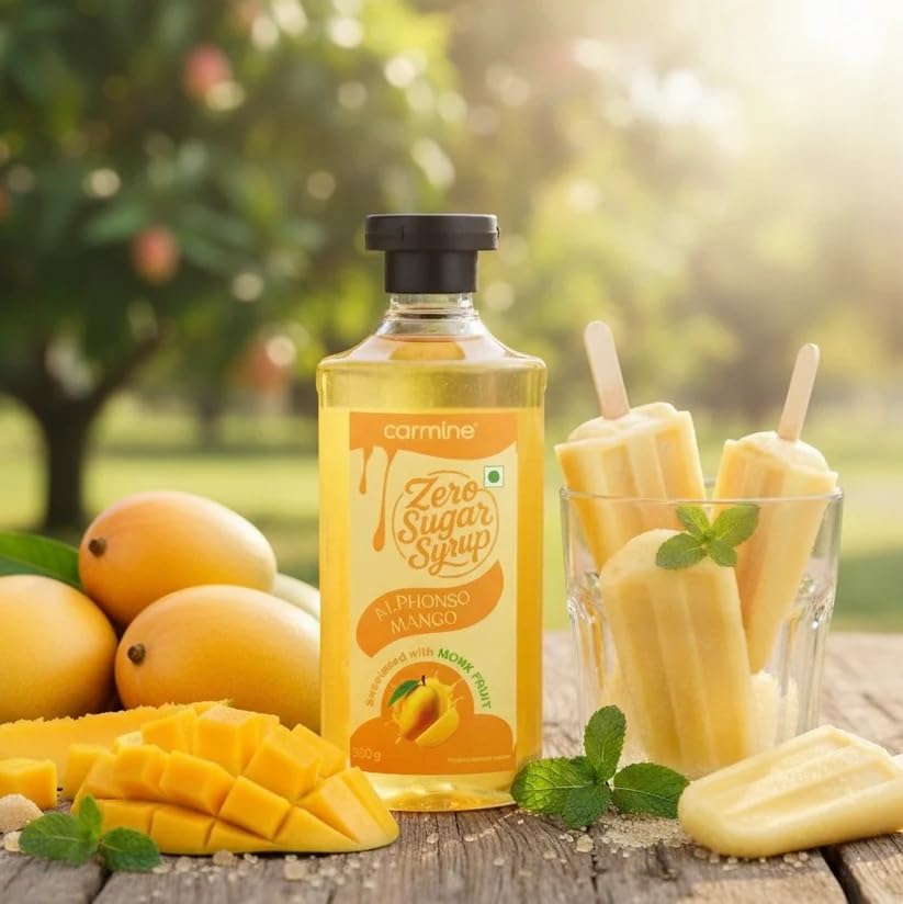 Image of Carmine Zero Sugar Alphonso Mango Syrup - 330g | New & Improved Recipe | Sweetened with Pure Monk Fruit | Natural, Plant-Based Sweetener | No Added Sugar or Artificial Ingredients