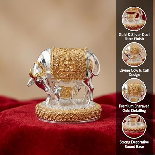Image of 24K Gold and 999 Pure Silver Plated Kamdhenu Cow Idol - 3.5 Inch Auspicious Vastu Home Decor for Pooja Room and Mandir - Sacred Two-Tone Symbol of Prosperity and Success