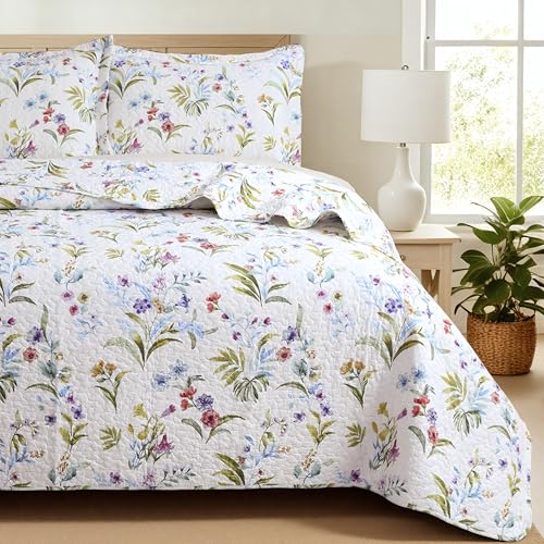 INTDVEL Quilt Queen Size 100% Cotton - Soft Lightweight Quilt Bedding Set, Floral Pattern Botanical Reversible Bedspread, Farmhouse Coverlet Set with 2 Pillow Shams for All Seasons, (90"x98") — view 5