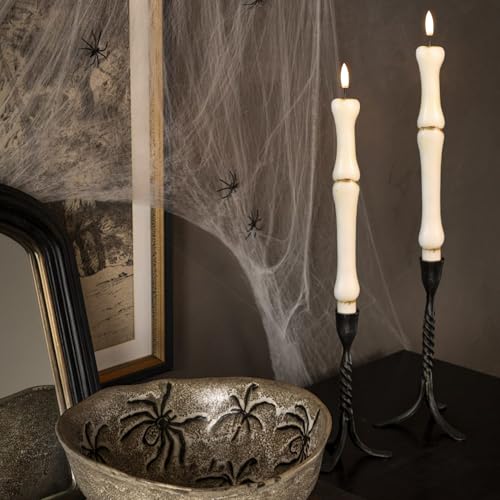 Image of Halloween Flameless Taper Candles with 6H Timer, 2 Pcs Hand-Painted Bone Sculpture Shape LED Candlesticks with 3D Flickering Flame for Home Fall Indoor Halloween Decor(0.78 x 11.6 Inches)