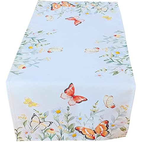 Matches21 Camino de mesa de centro con mariposas y flores blancas, multicolor, 40 x 90 cm, poliéster Cover