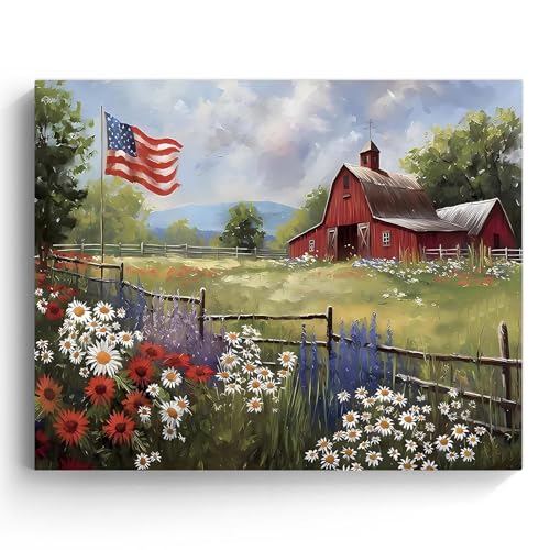 Image of Memorial Day Barn Canvas Wall Art, Rustic American Flag and Wildflower Farmhouse Print, Patriotic Country Barn Poster Framed Artwork for USA 4th of July and Living Room, Office Decor 24x30inch