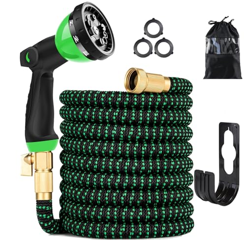 100 ft Expandable Garden Hose - Kink Free Flexible Water Hose with Thumb-Controlled 10-Function Nozzle, 3/4 Solid Brass Connectors, Retractable Latex Core - Lightweight Expanding Hose
