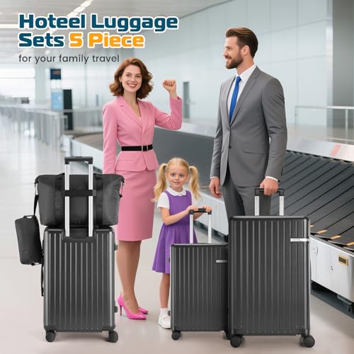 Image of Hoteel Luggage Sets 5 Piece (4-YEARS WARRANTY), ABS+PC Suitcases with Wheels and Side Hook, Hardshell 20 /24 /28 inch Luggage with Duffel Bag Travel Bag, Black